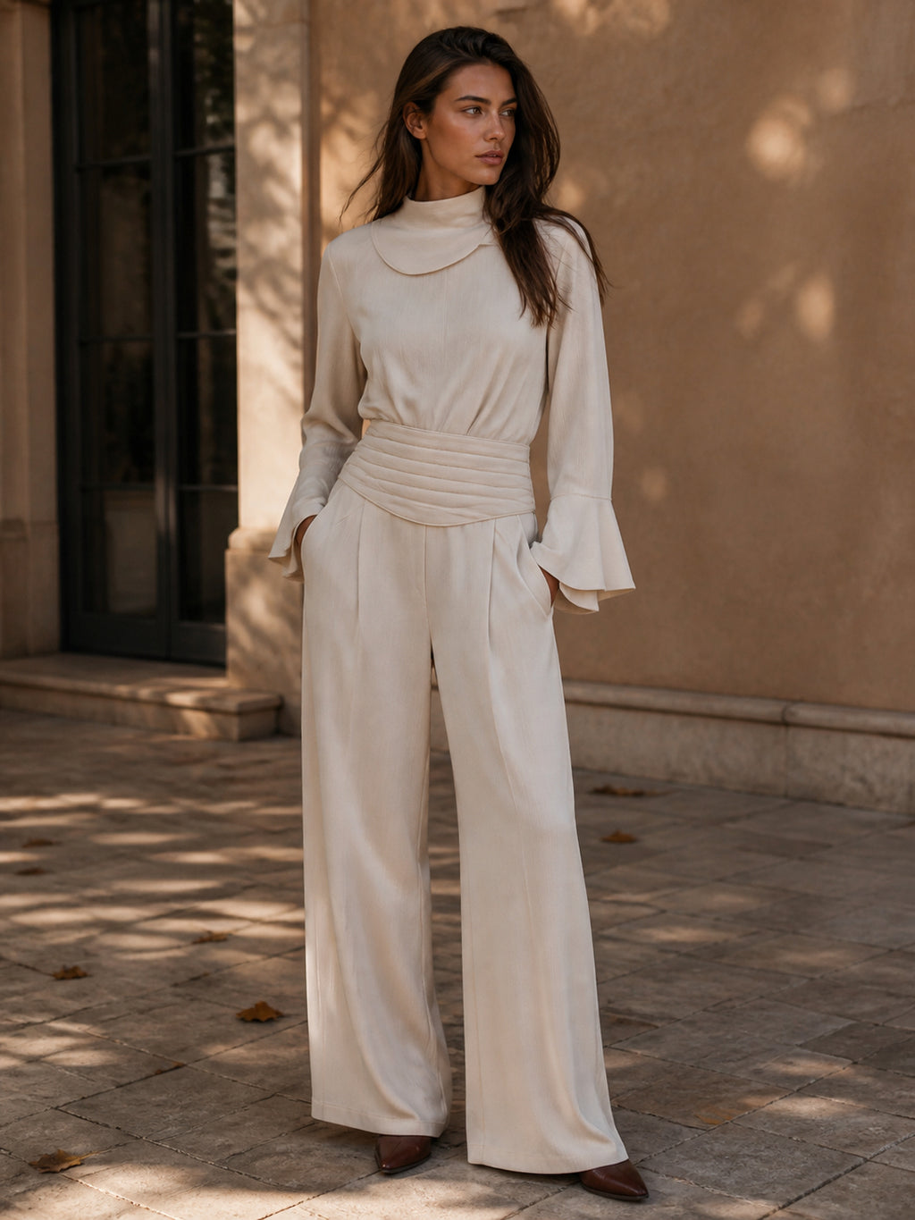 Flared Sleeve High-Waist Belted Wide-Leg Jumpsuit