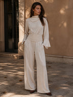 Flared Sleeve High-Waist Belted Wide-Leg Jumpsuit