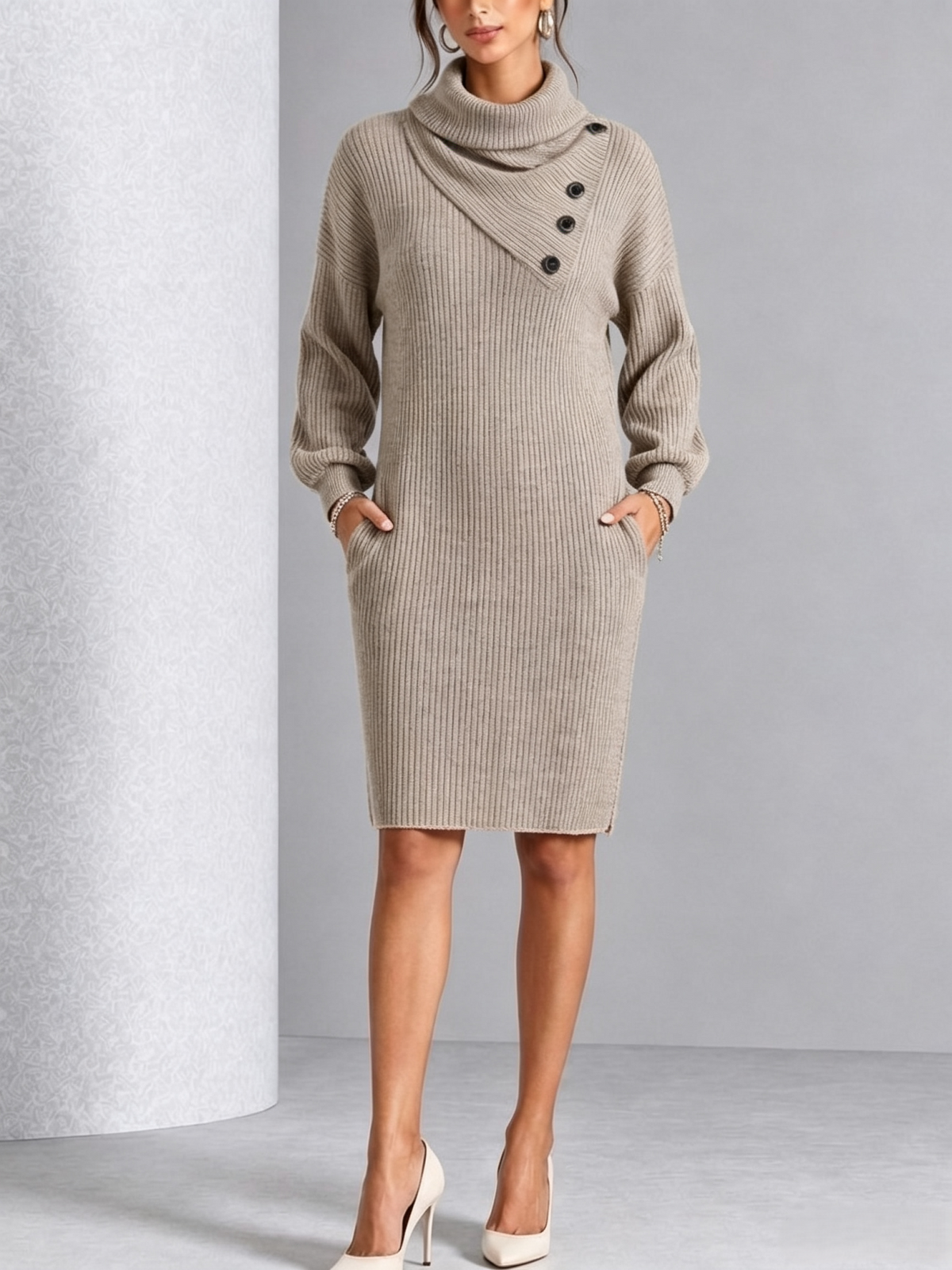 Casual Rib-Knit High-Neck Pocket Dress