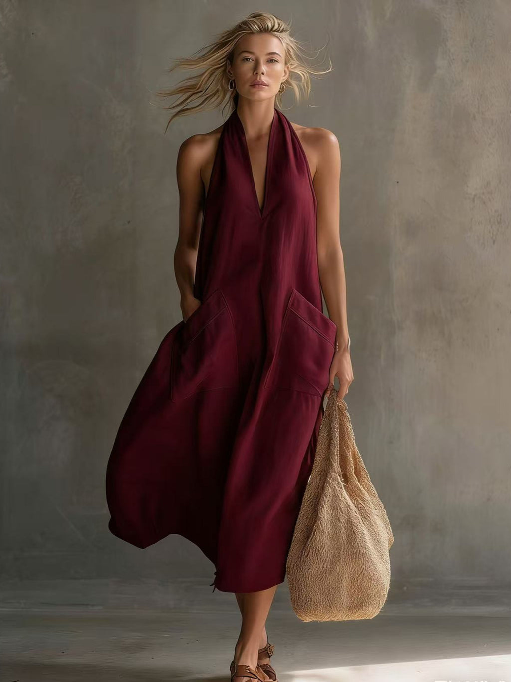 Halter Neck Linen Pocket Maxi Dress