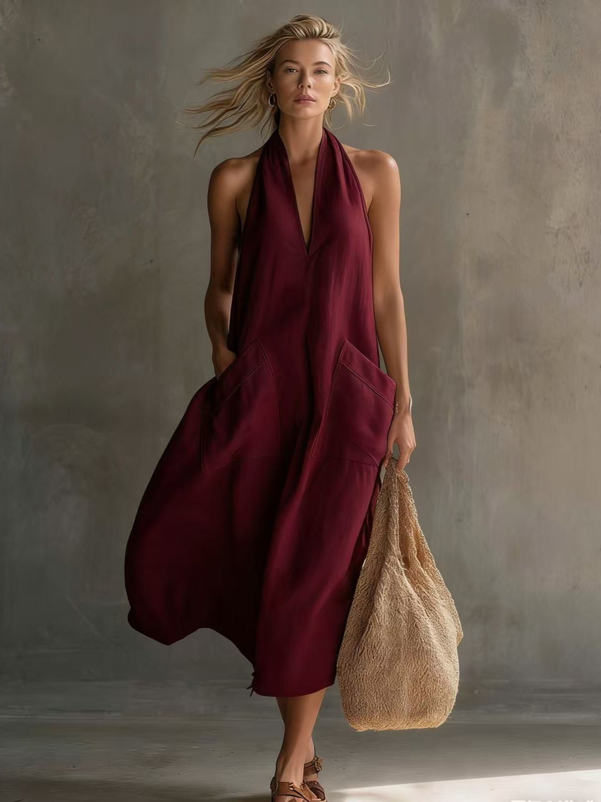 Halter Neck Linen Pocket Maxi Dress