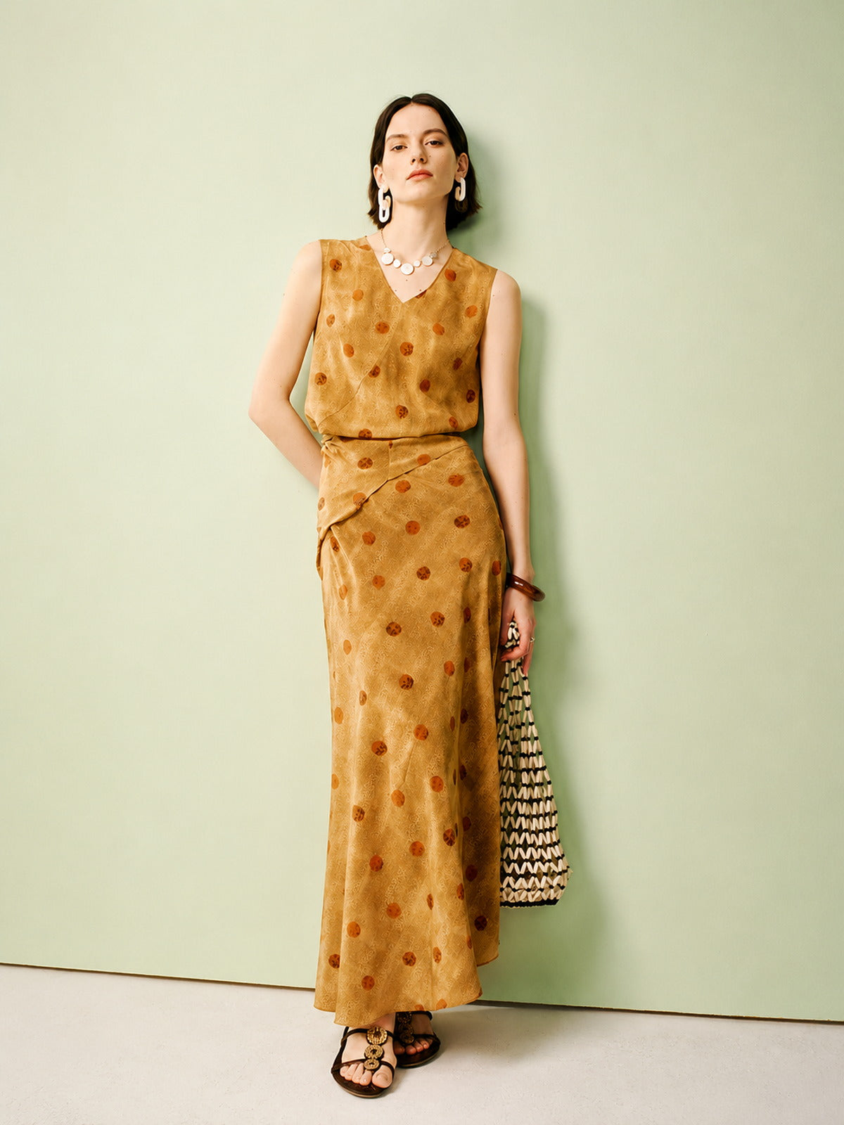 Polka Dot Tie-Waist Silk Satin Maxi Dress