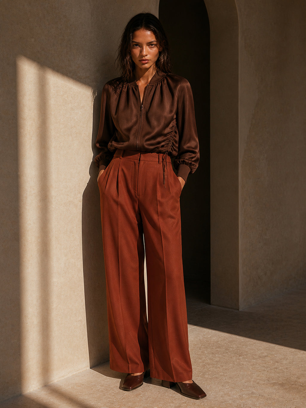 Ruched Zip-Front Wide-Leg Set