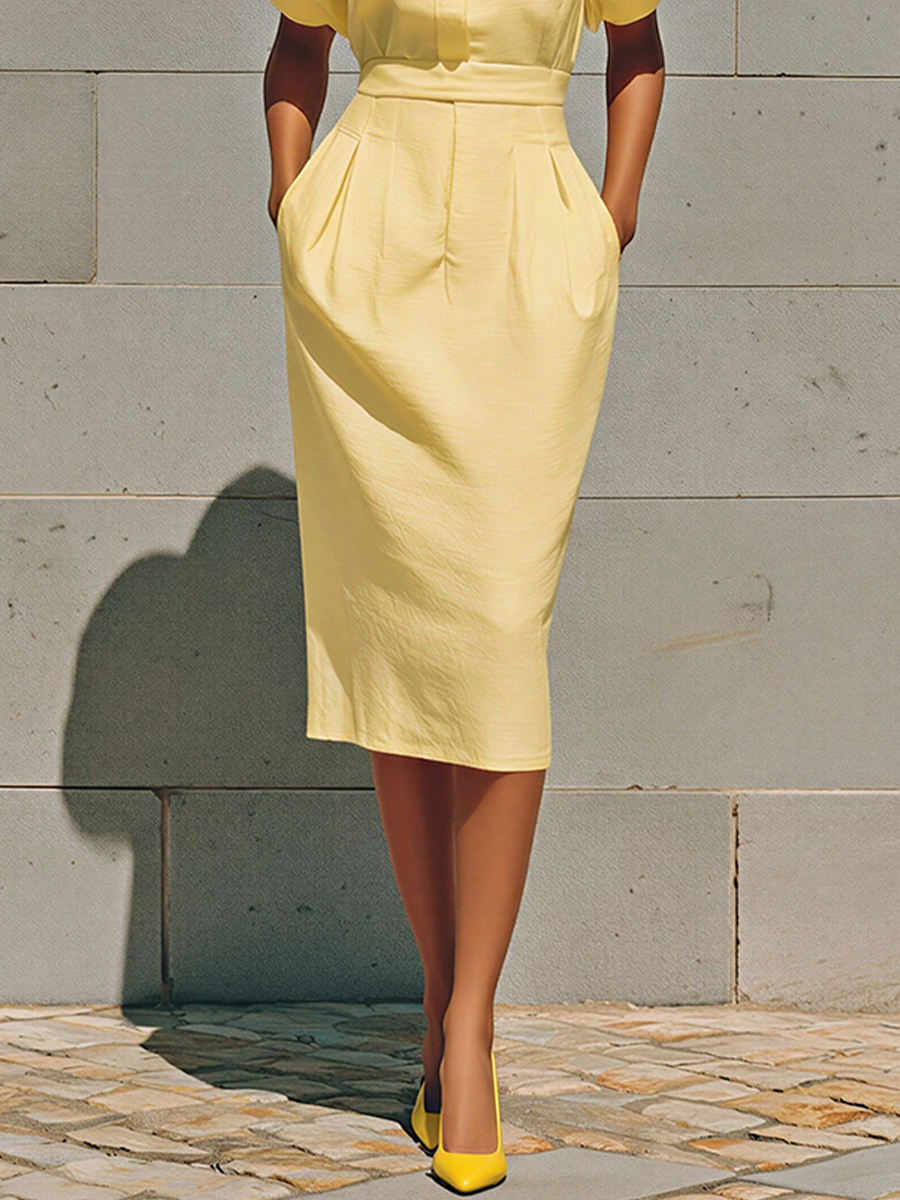 Cotton Linen Yellow Puff Sleeve Midi Dress with Collar and Belted Waist