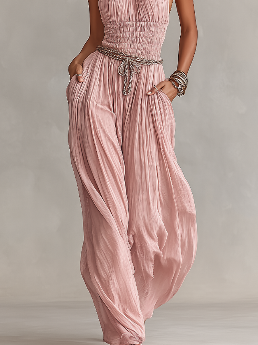 Chiffon Halter Maxi Jumpsuit with Pleated Design and Chain Belt for Women