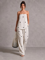 Ensemble top bustier et pantalon large à pois en lin