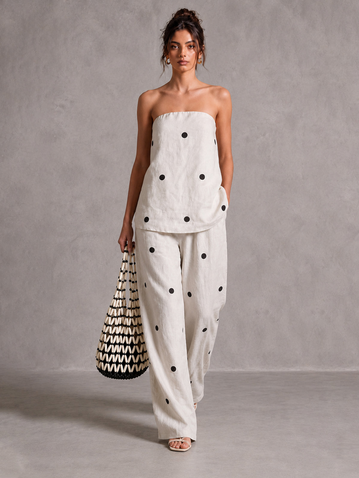 Linen Polka Dot Strapless Top & Wide Leg Pants Set