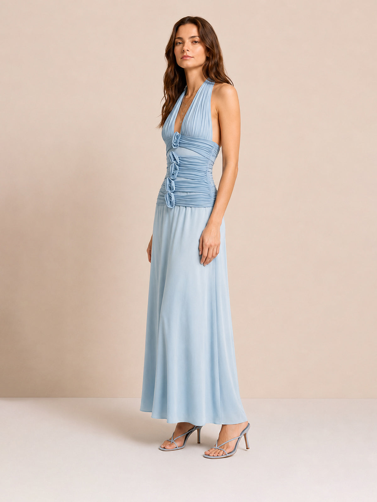 3D Floral Halter Maxi Dress