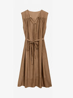 Gathered Split-Neck Tie-Waist Midi Dress