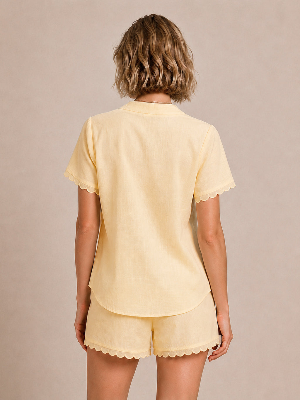 Linen-Blend Scalloped Trim Romper with V-Neck & Elastic Waist