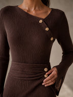 Gold Button Ribbed Wrap Midi Dress