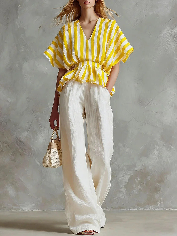 Striped V-Neck Peplum Top & Wide-Leg Pants Set