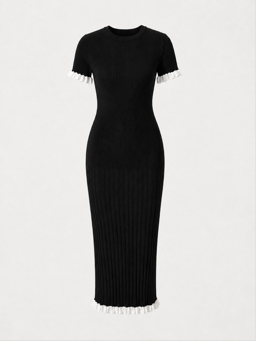 Ribbed Ruffle Trim Midi Bodycon Dress