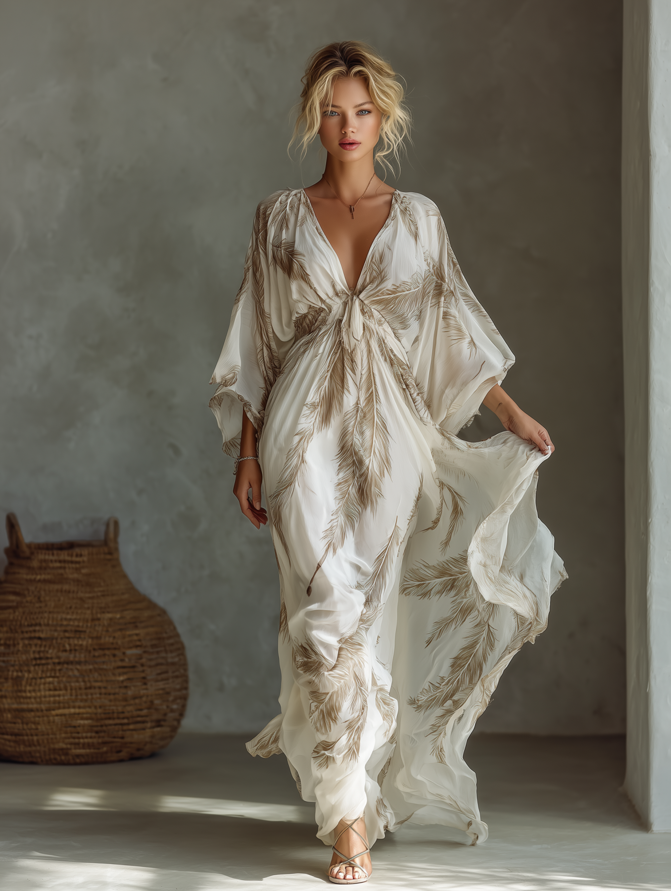 Chiffon Palm Print Maxi Dress with Deep V-Neck and Wide Sleeve for Boho Summer Beach Wear