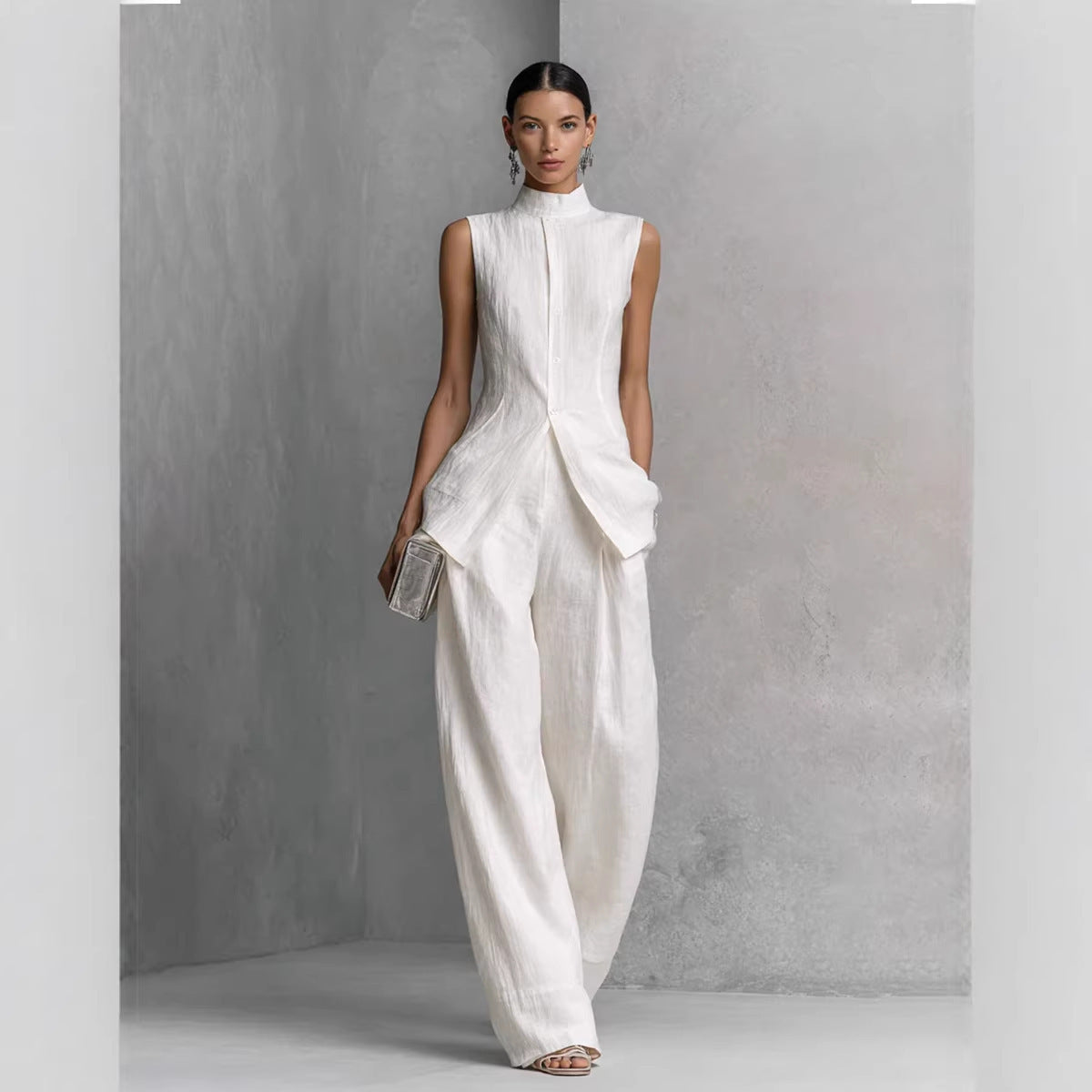 High-Neck Sleeveless Vest & Wide-Leg Pants Set