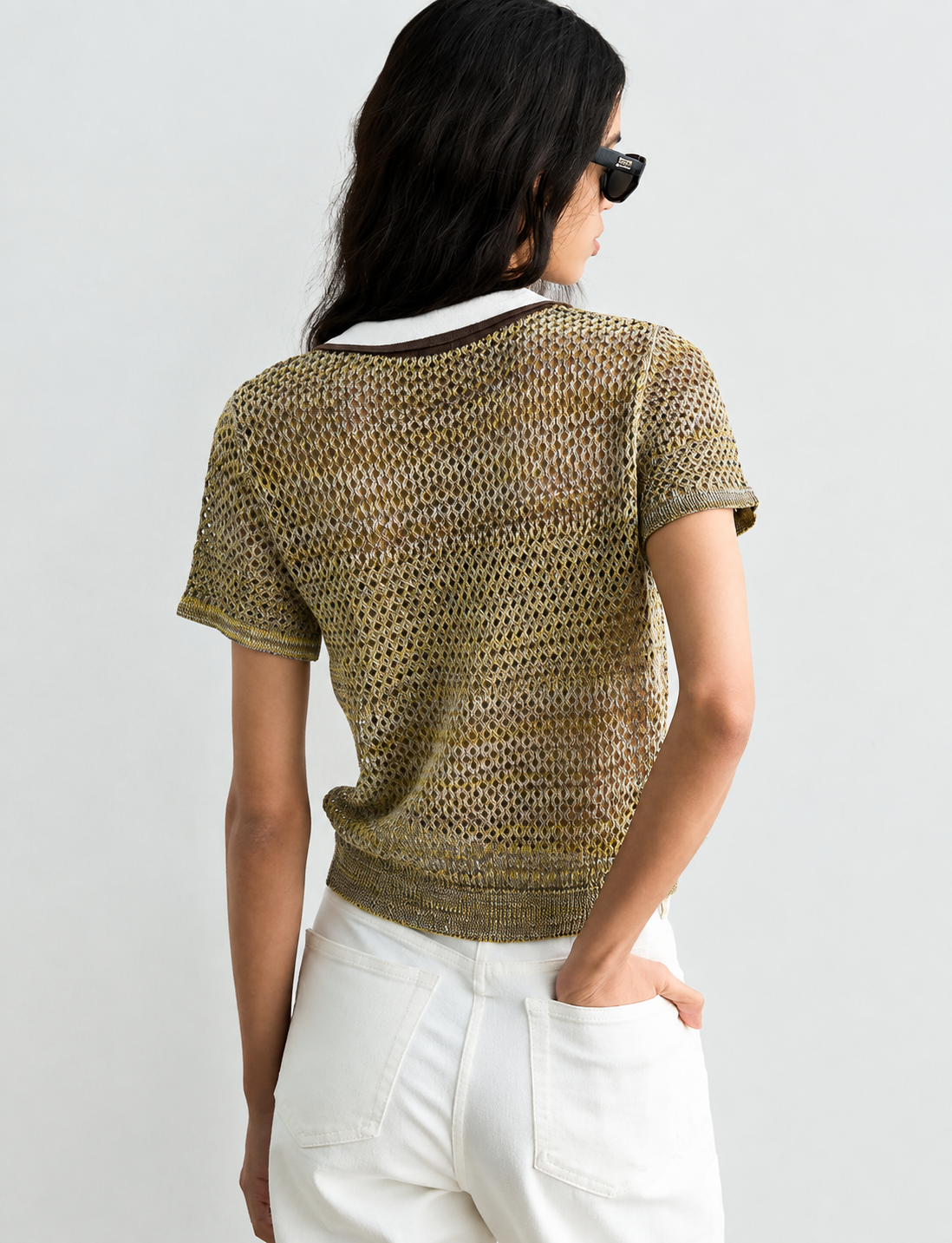 Contrast-Collar Pointelle Knit Polo