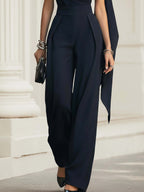 Conjunto de top drapeado de gasa azul marino y pantalón de pierna ancha