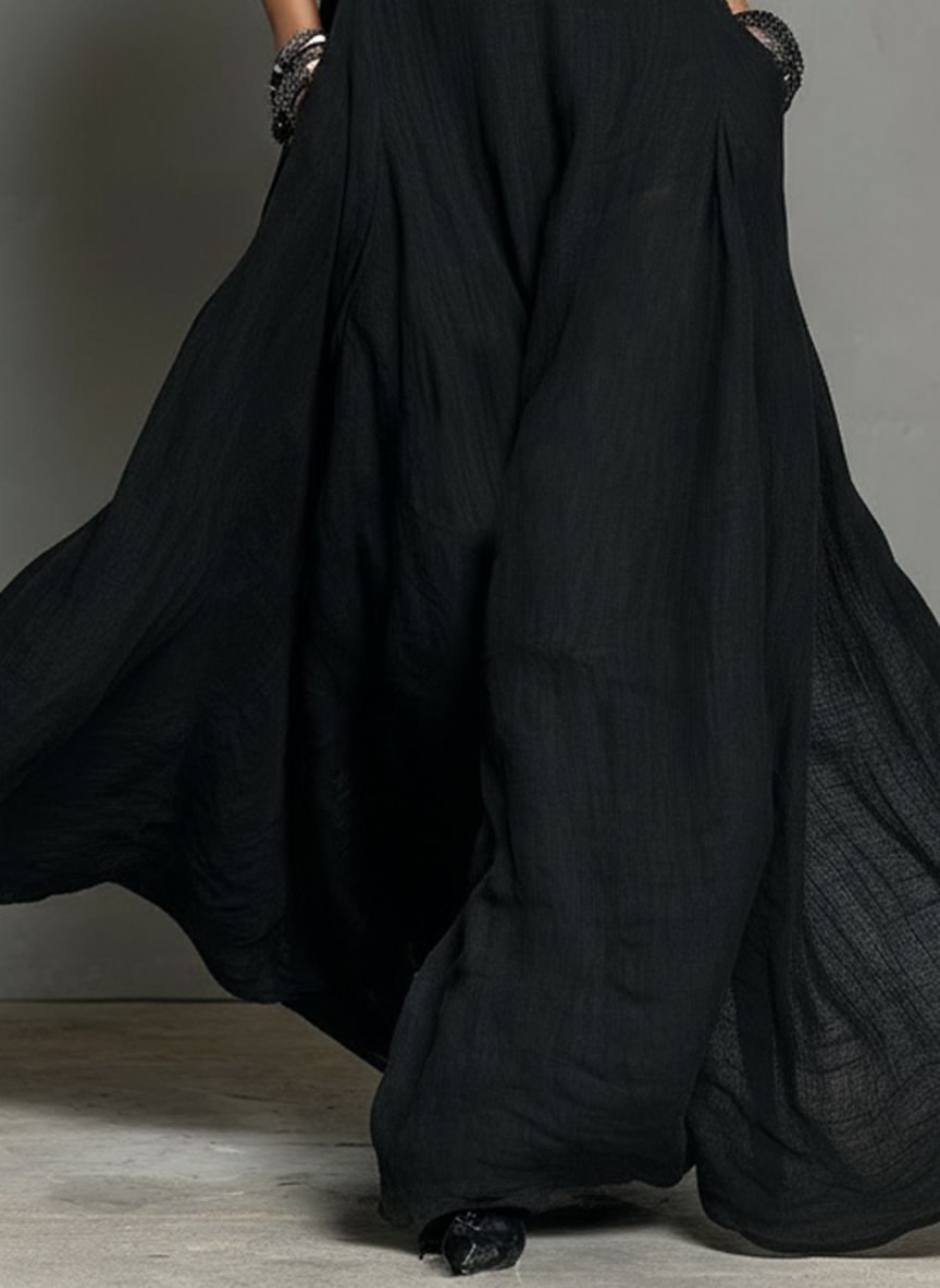 Black Linen Halter Maxi Dress with Flowing Skirt and Side Pockets