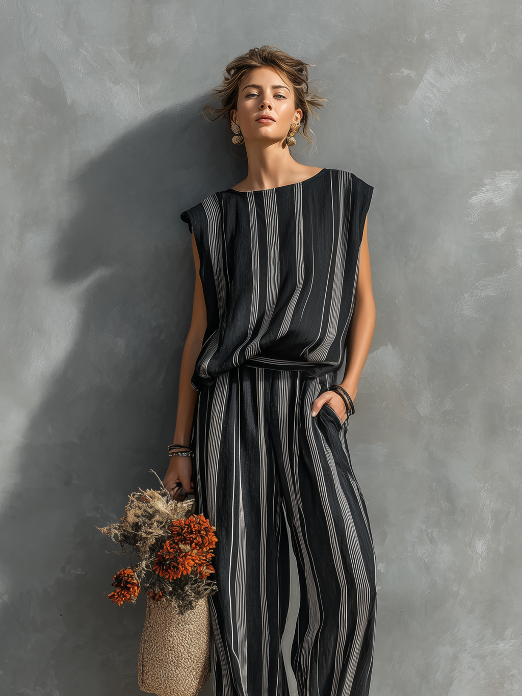 Linen-Blend Striped Jumpsuit for Women - Loose Fit, Sleeveless, Wide Leg, Summer Casual Wear