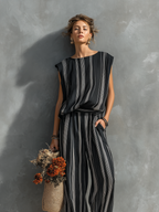 Mono de mujer a rayas, de mezcla de lino - Corte holgado, sin mangas, pierna ancha, ropa informal de verano