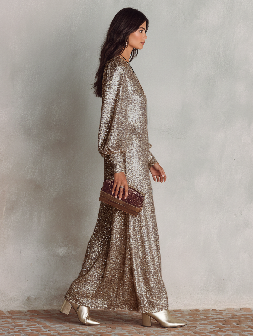 Sequin Maxi Dress with Flared Sleeves and Deep V-Neck for Women