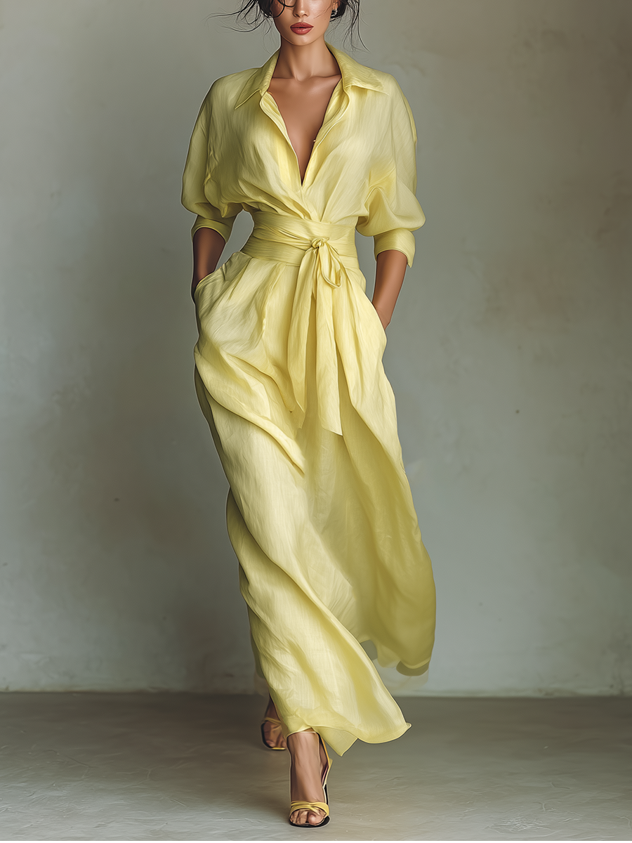 Silk Satin Wrap Maxi Dress with Belted Waist and Deep V-Neckline for Elegant Occasions