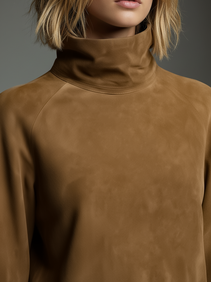 Suede Turtleneck Mini Dress with Puff Sleeves and Side Pockets