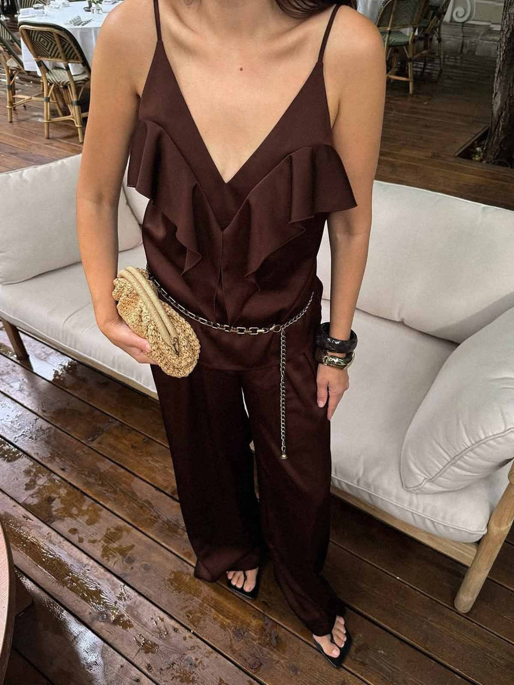 Ruffle V Neck Wide Leg Set