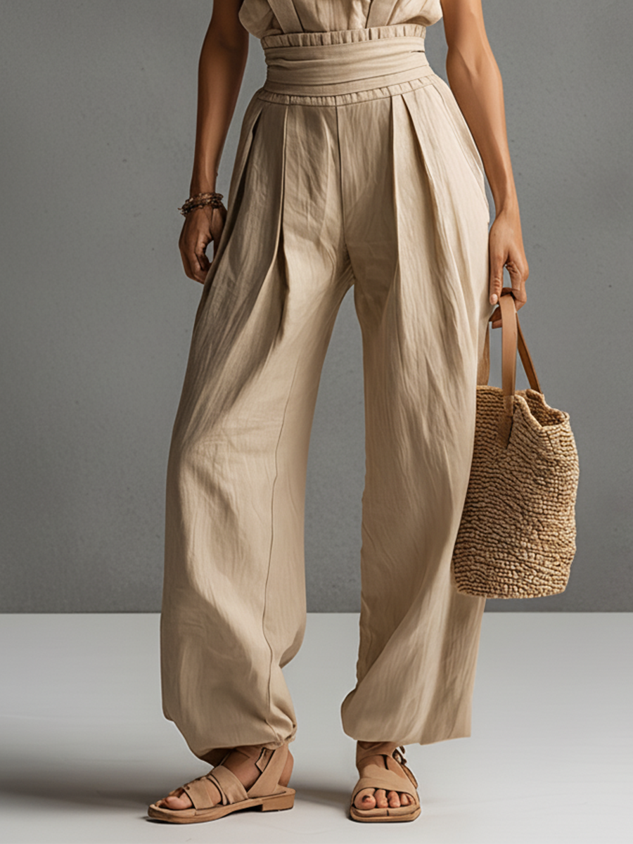 Linen Sleeveless Wide Leg Jumpsuit for Women - Comfortable High Waist Oversized Romper with Deep V-Neck and Elastic Waistband