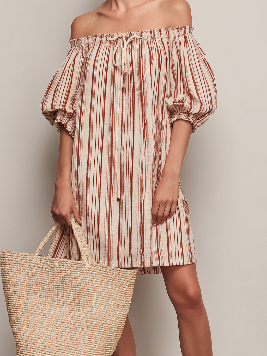 Cotton Striped Off-Shoulder Dress with Puff Sleeves and Drawstring Neckline