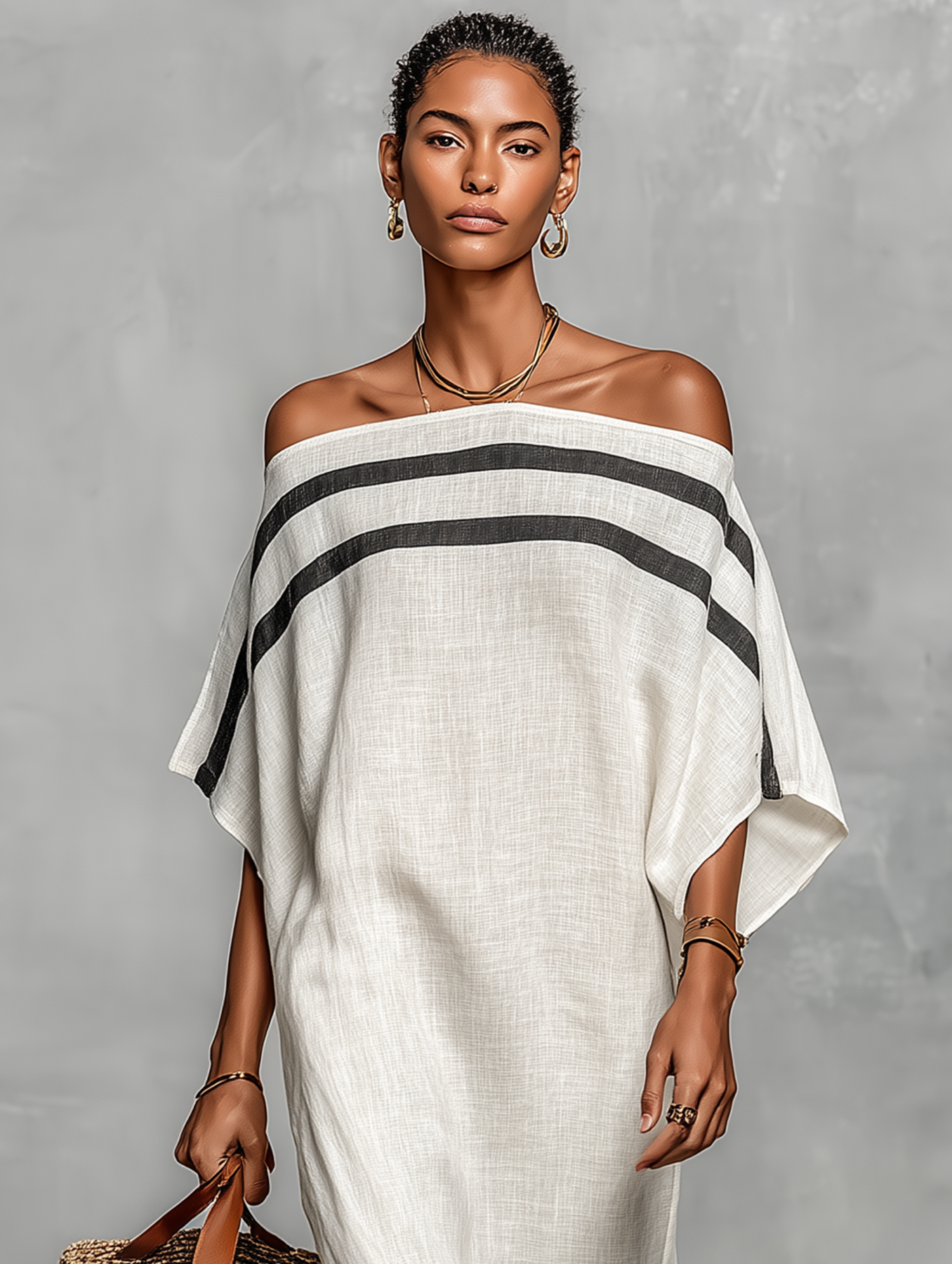 Striped Detail Linen Off-Shoulder Maxi Dress