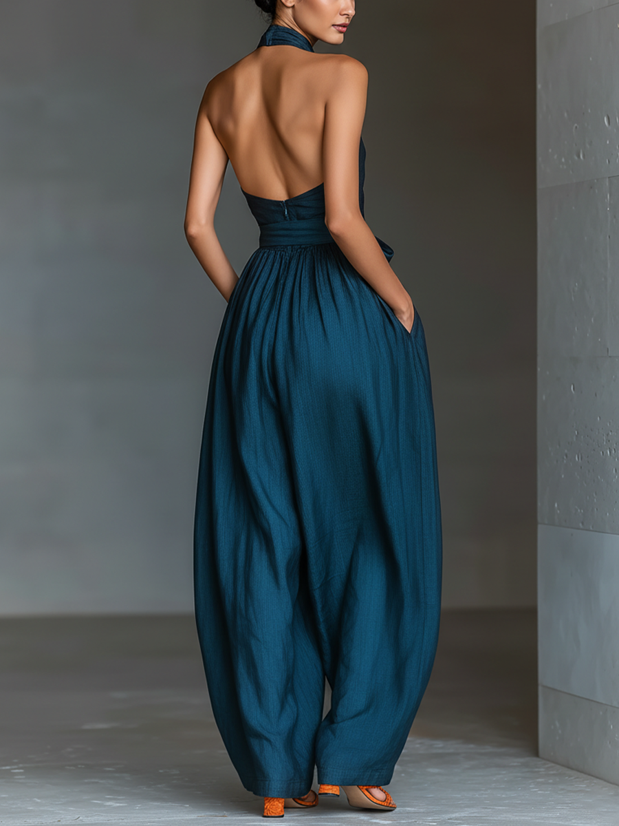 Halter Wrap Tie Waist Wide Leg Jumpsuit