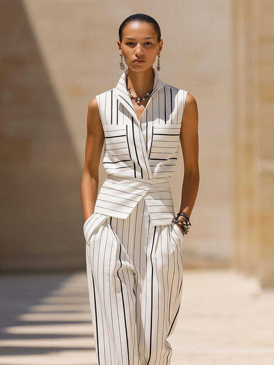 Cotton Blend Striped Sleeveless Jumpsuit with Wide Leg and Belted Waist