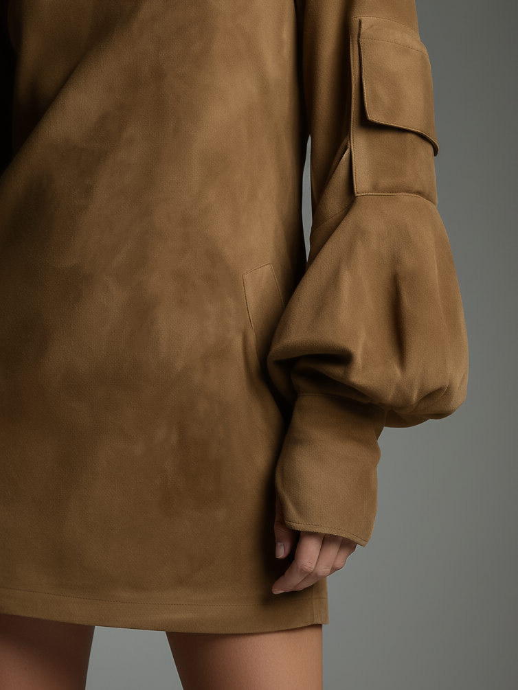 Suede Turtleneck Mini Dress with Puff Sleeves and Side Pockets