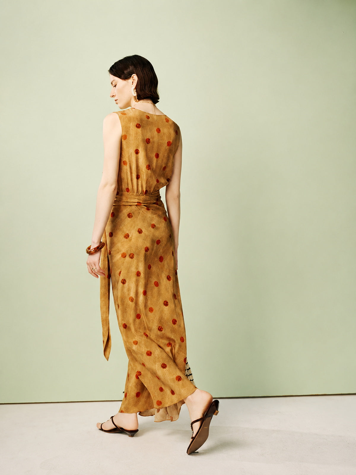 Polka Dot Tie-Waist Silk Satin Maxi Dress