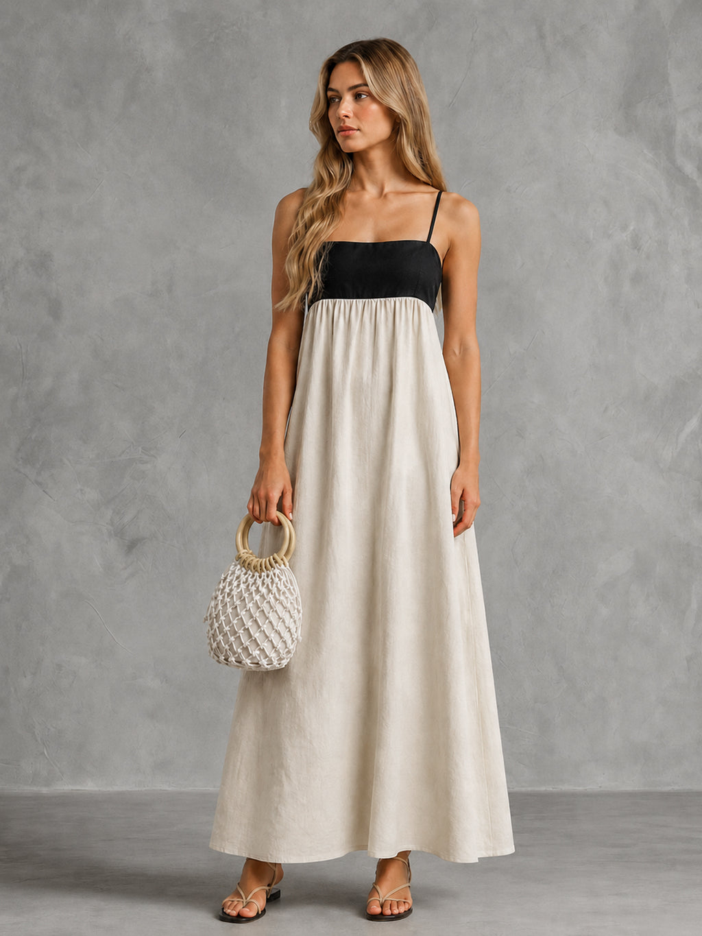 Contrast Bodice Open Back Maxi Dress