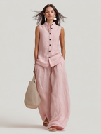 Linen Sleeveless Button Two Piece Set