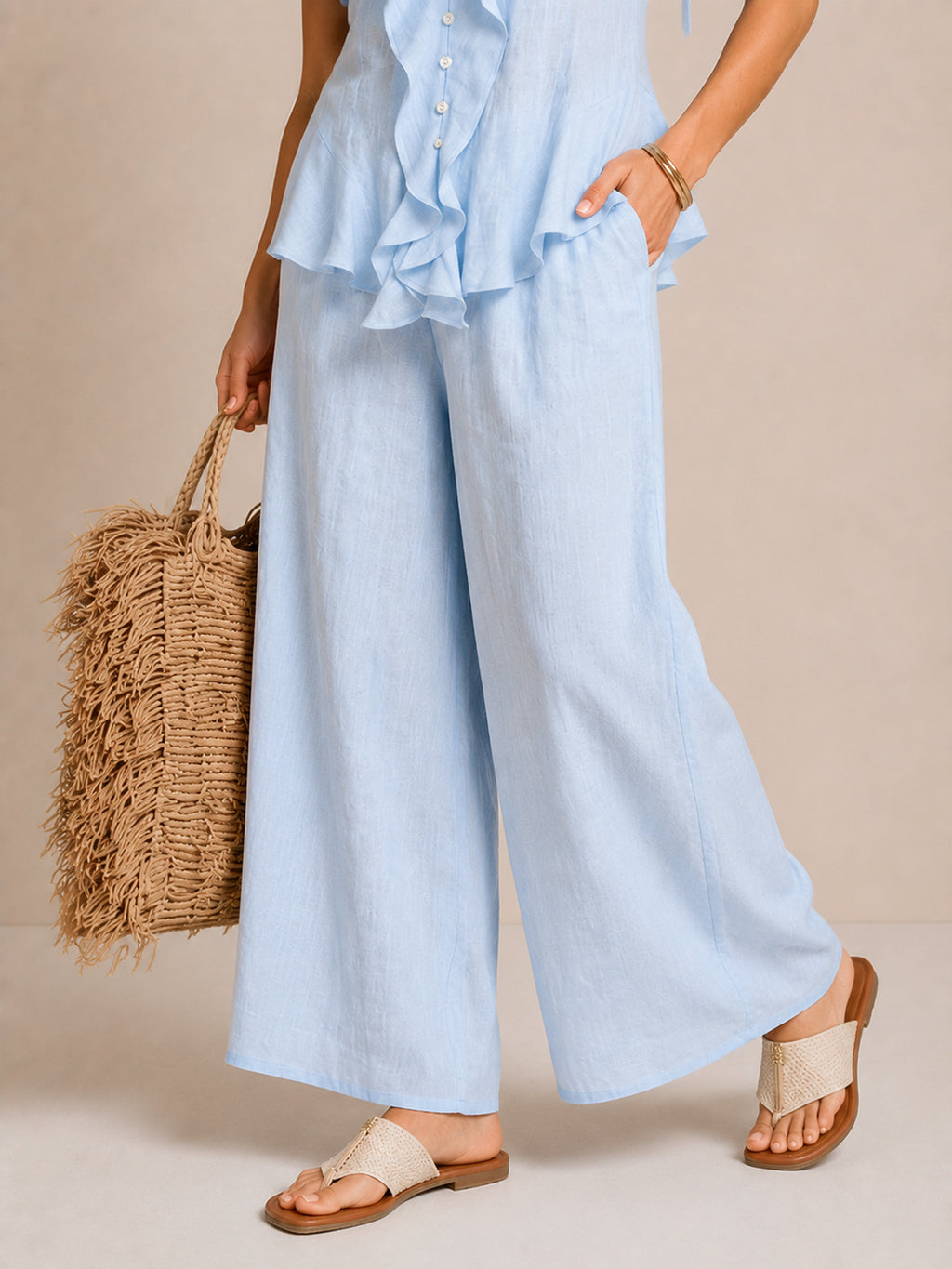 Ruffle Tie Shoulder Pants Set