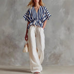 Ensemble top péplum col en V rayé et pantalon large