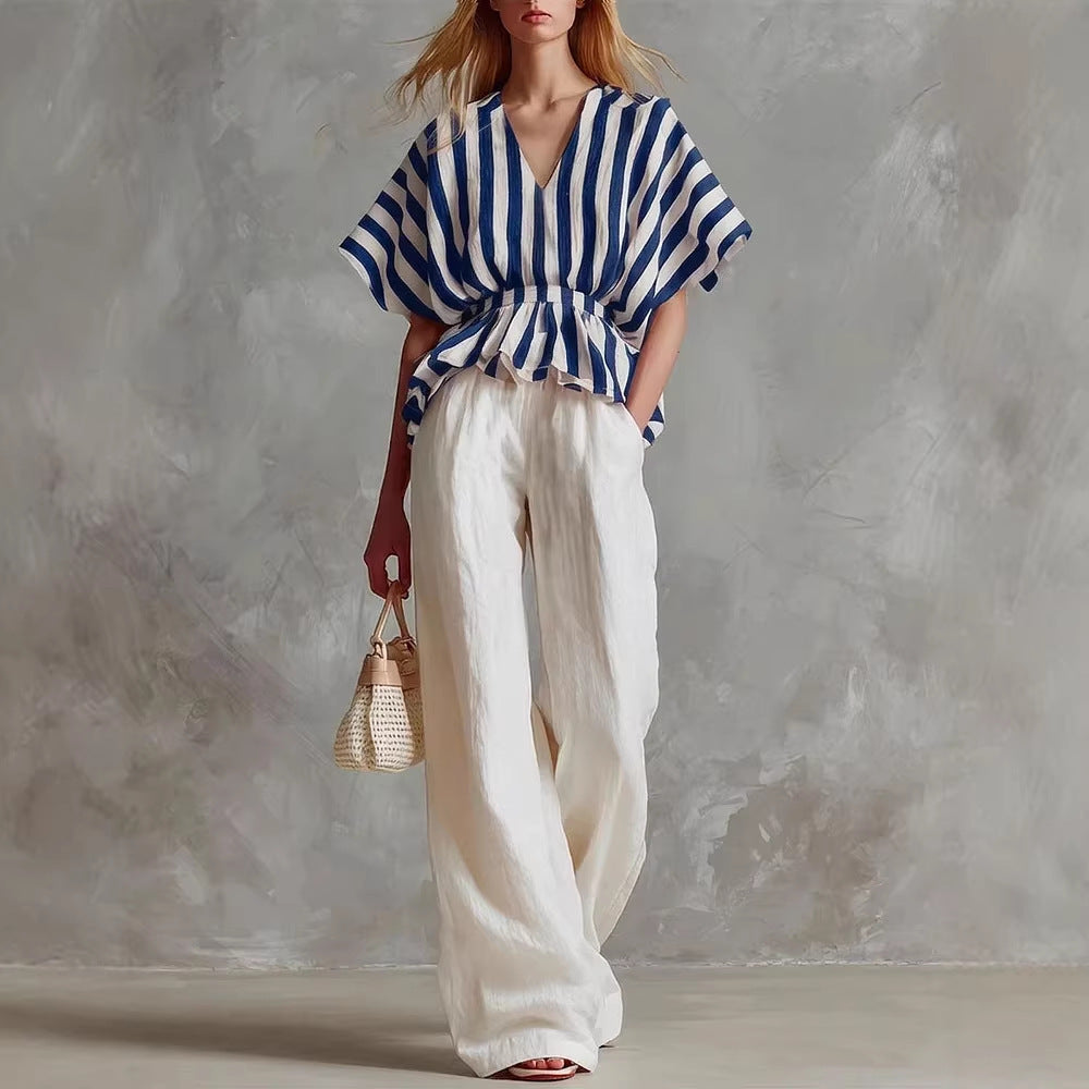 Striped V-Neck Peplum Top & Wide-Leg Pants Set