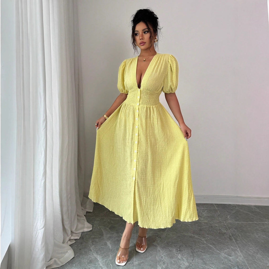 Yellow V-Neck Puff Sleeve Midi Dress