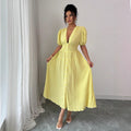 Yellow V-Neck Puff Sleeve Midi Dress