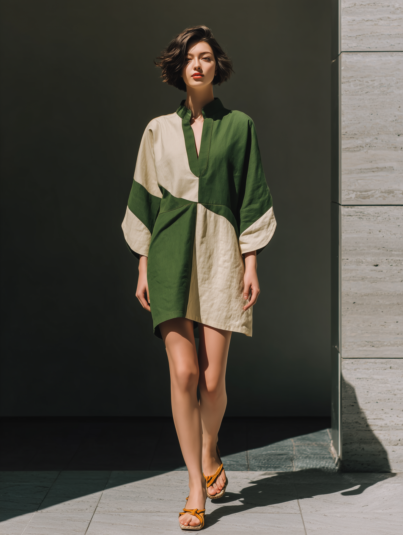 Linen Blend Color-Block Tunic Dress with V-Neck and Wide Sleeves