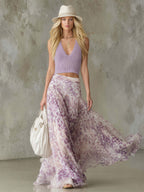 Maxirock für Damen aus bedrucktem Chiffon in Lavendel mit fließendem Lagen-Design