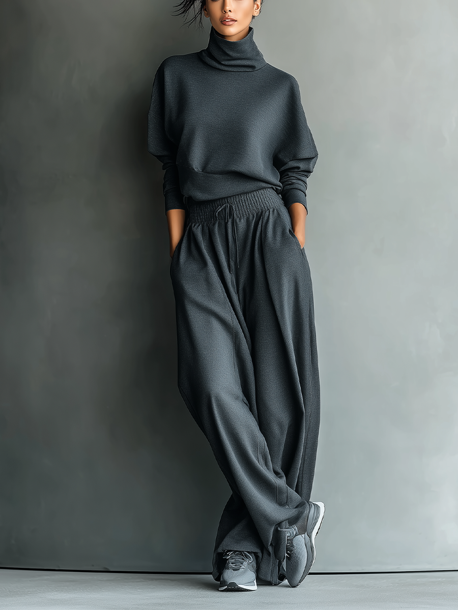 Soft Knit Turtleneck Sweater Set with Wide Leg Pants for Women