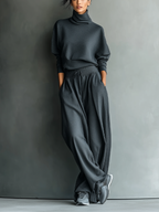 Weiches Strick-Rollkragenpullover-Set mit weiter Hose für Damen
