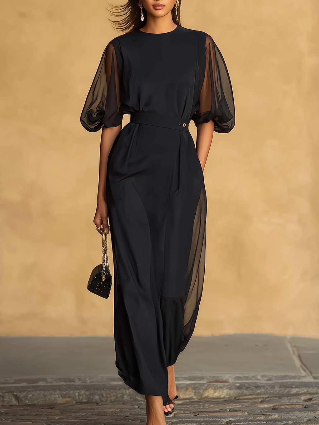 Elegant Two Piece Sheer Sleeve Top And Skirt Set