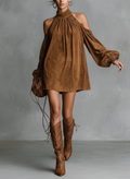 Suede Off-Shoulder Halter Mini Dress with Puff Sleeves