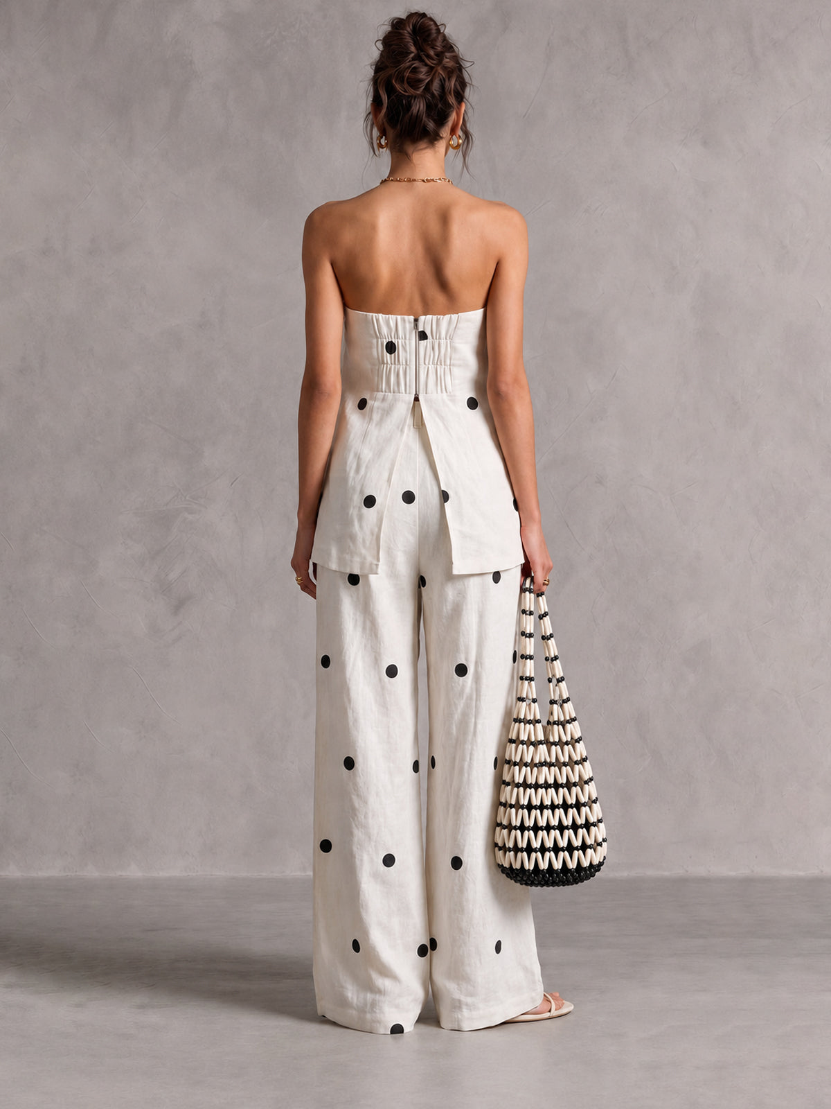 Linen Polka Dot Strapless Top & Wide Leg Pants Set