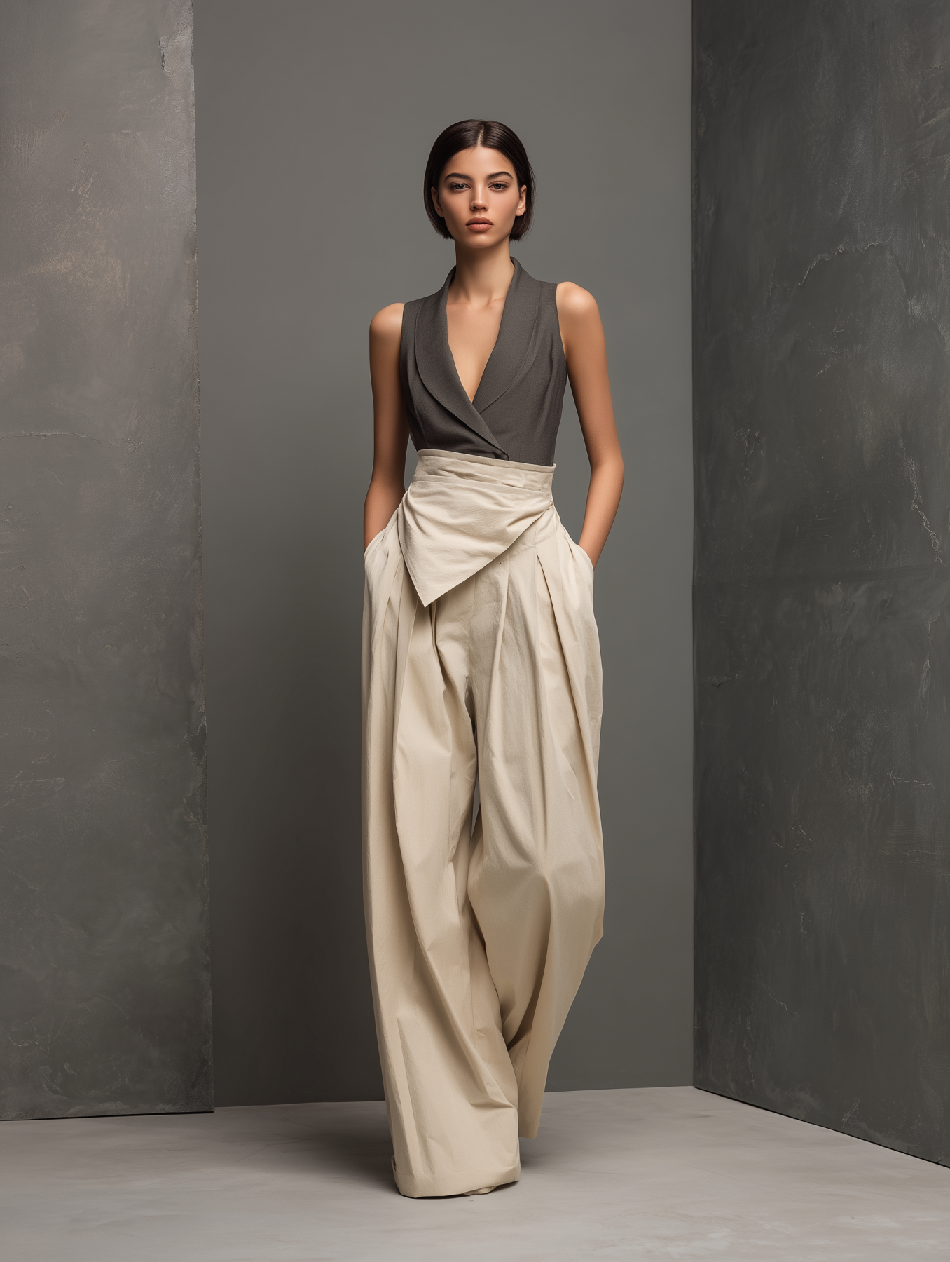 Cotton Blend High-Waisted Wide-Leg Trousers with Draped Waistband and Sleeveless Wrap Top Set